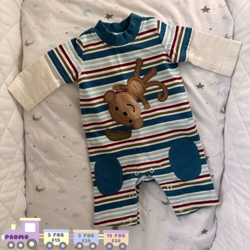 ⭒ NB Gymboree Striped Romper One Piece Monkey Embroidery Knee Patch Button-Up ⭒